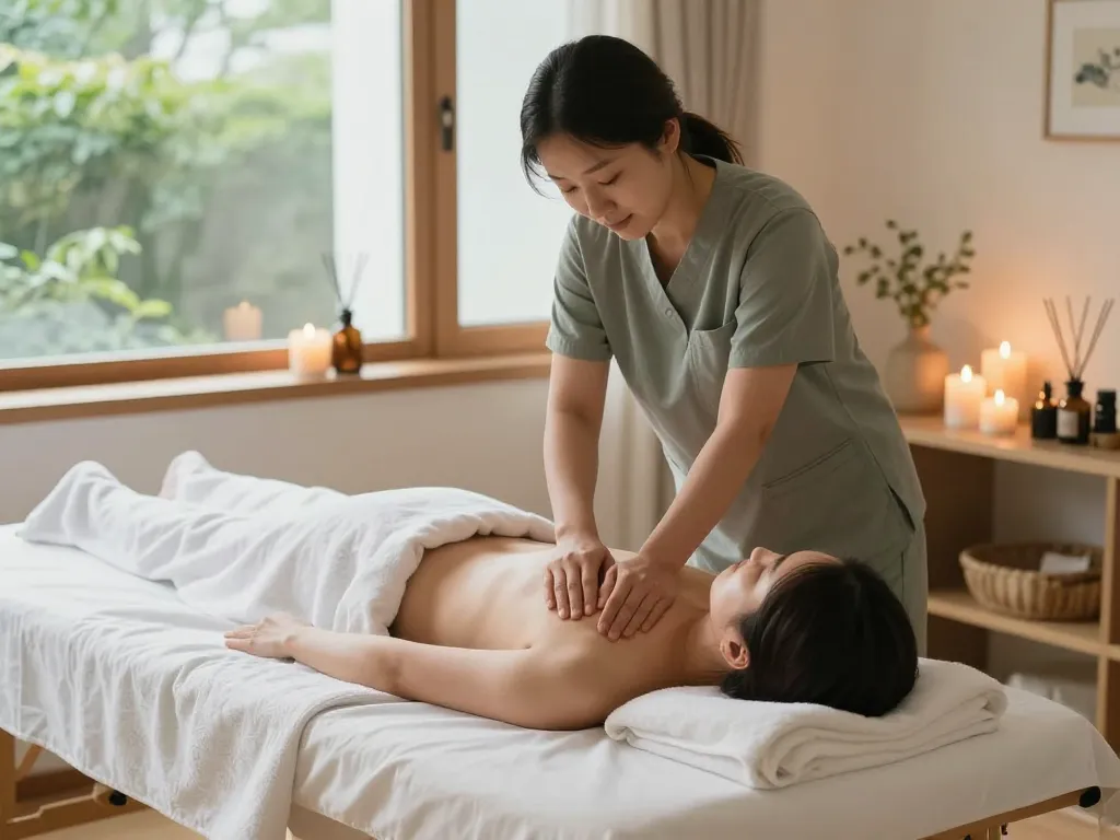 서울출장마사지 session with a professional therapist in a serene environment, focused on relaxation and rejuvenation.