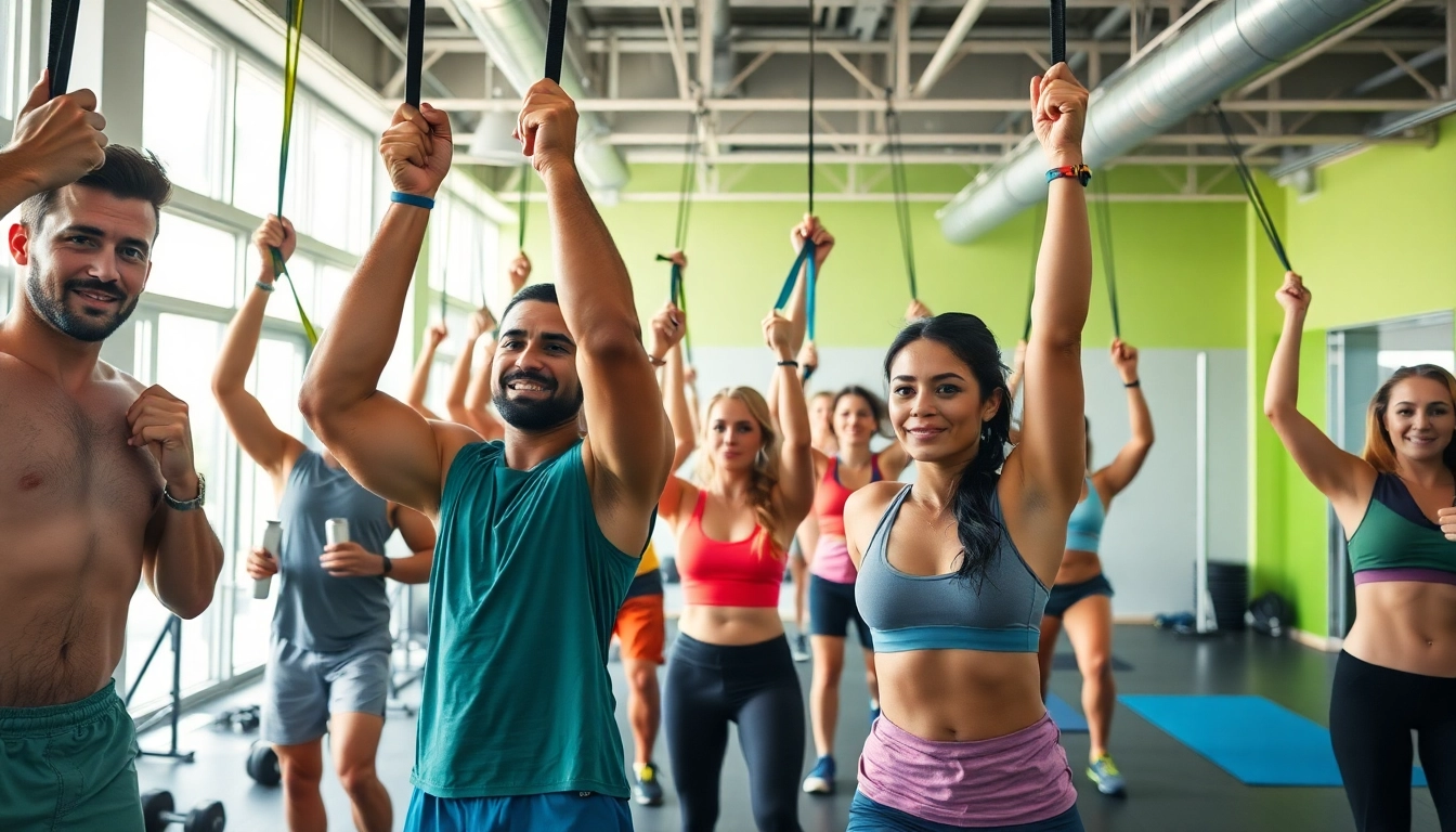 Engaged individuals using resistance bands for pull-ups in a vibrant gym setting.