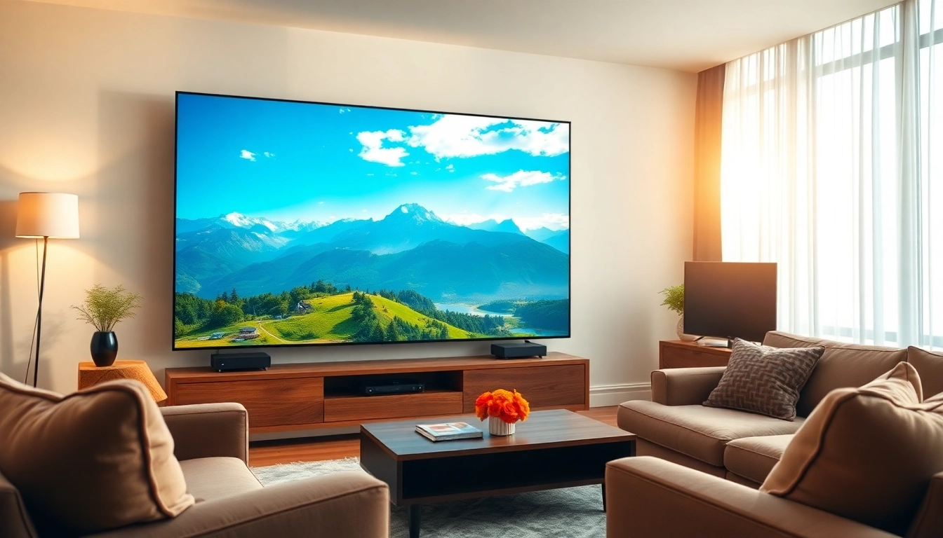 Experience the vibrant world of IPTV Suisse in a cozy living room setting with a large screen.