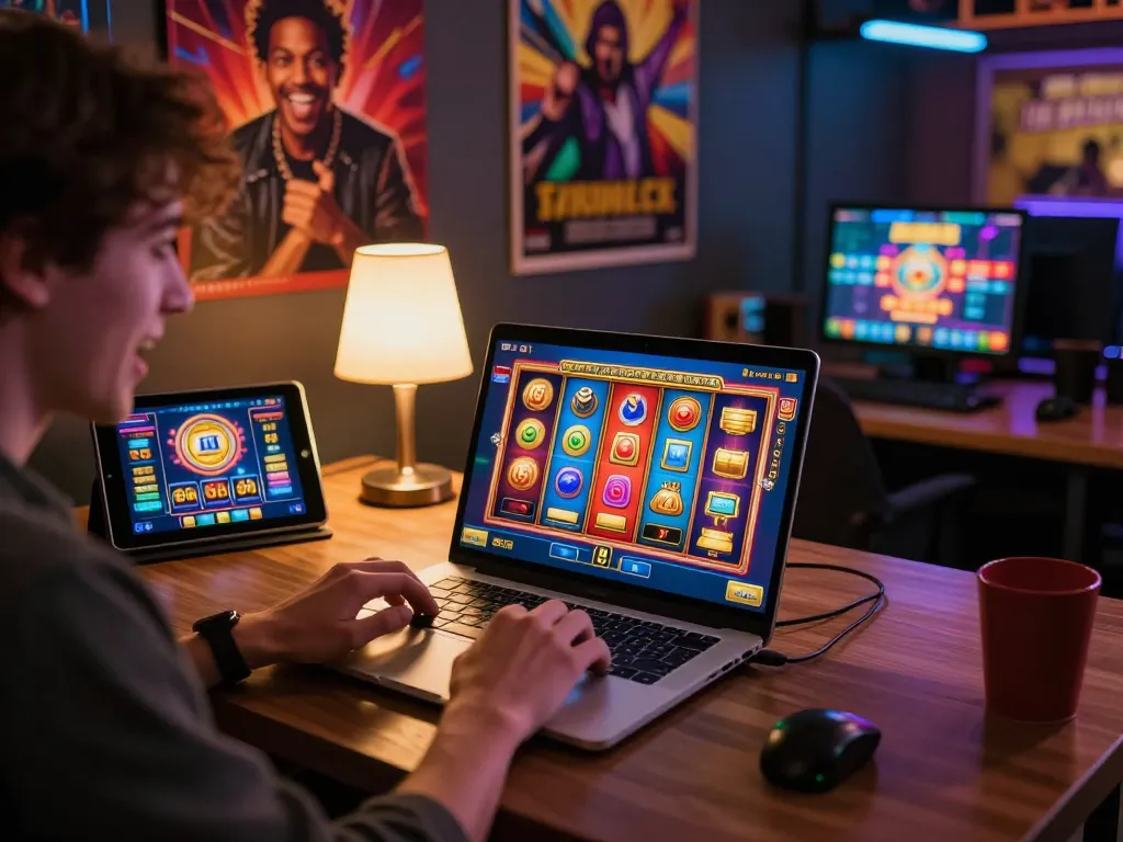 Engaged player spinning top quality widgets on laptop during online slots session for excitement.