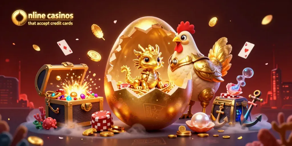 Explore exciting online casinos that accept credit cards with golden dragons and poker chips in an enchanting scene.