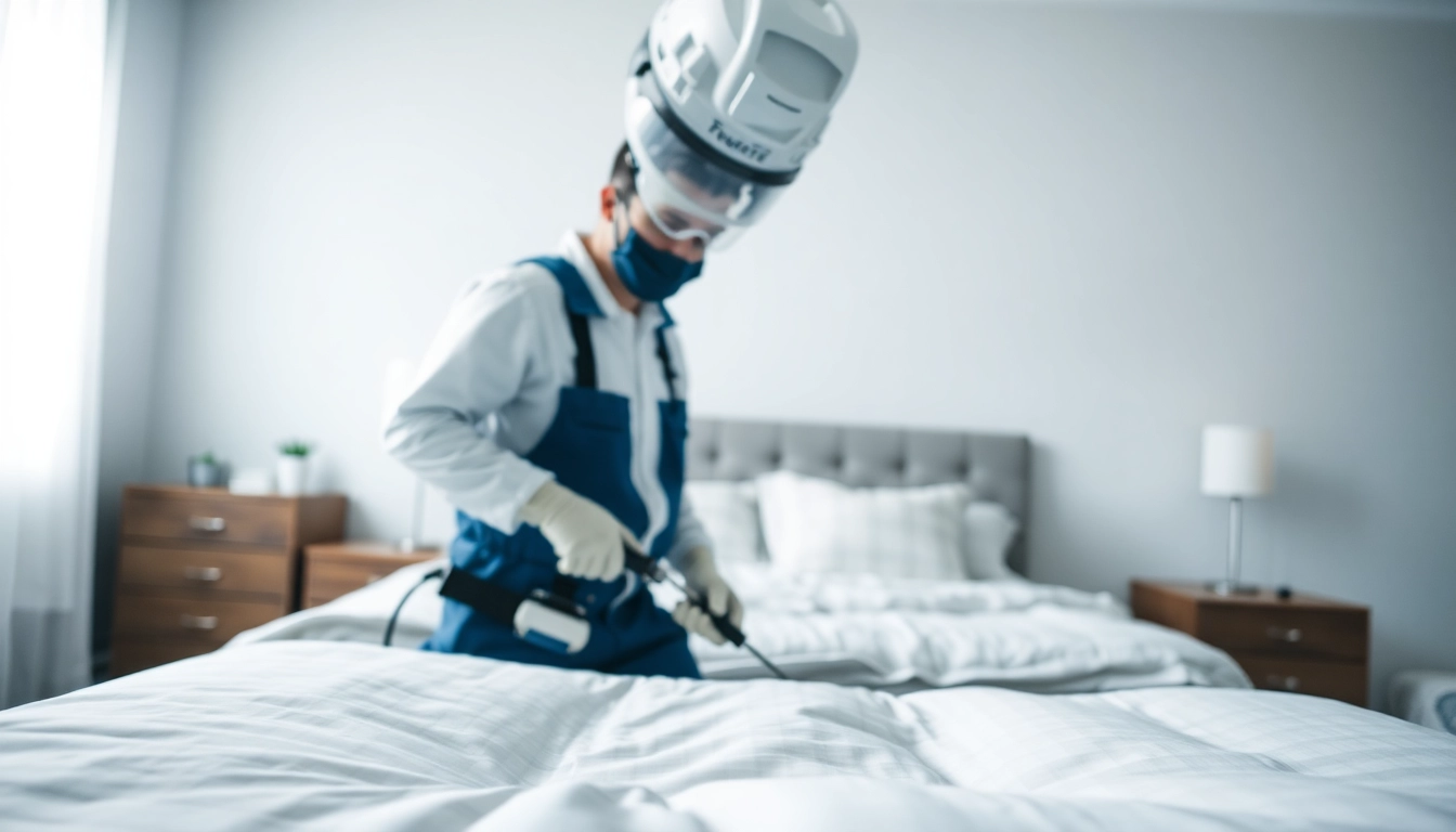 Technician performing affordable bed bug treatment in a clean bedroom environment.