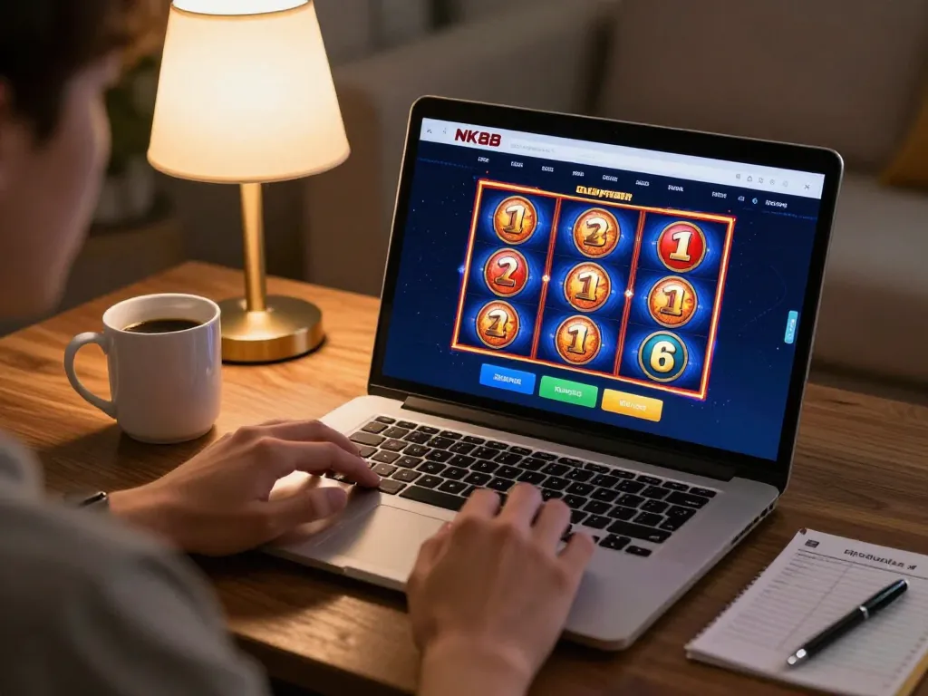 Engaged player using NK88 app for online gaming strategy in cozy living room
