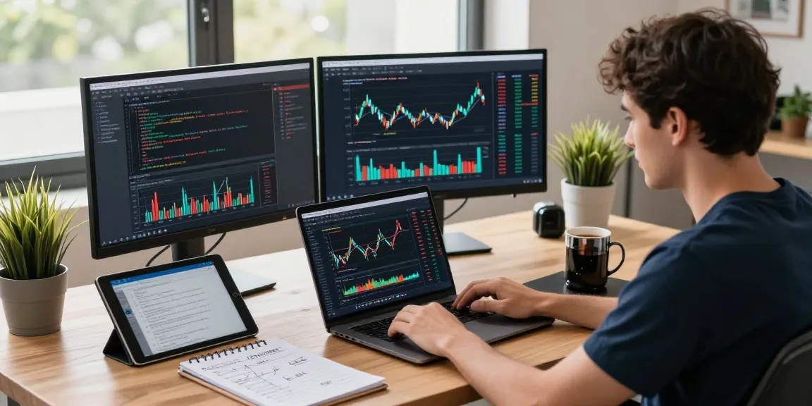 Real-time Taiwan stock WebSocket API data displayed on a laptop in a modern coding workspace, reflecting dynamic software development.