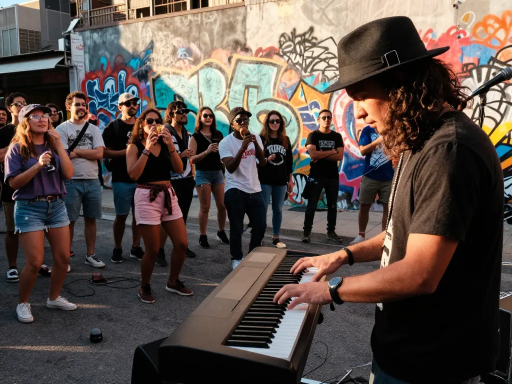 Exciting street performance with a musician playing go 88 digital piano, vibrant crowd enjoying music, dynamic urban atmosphere