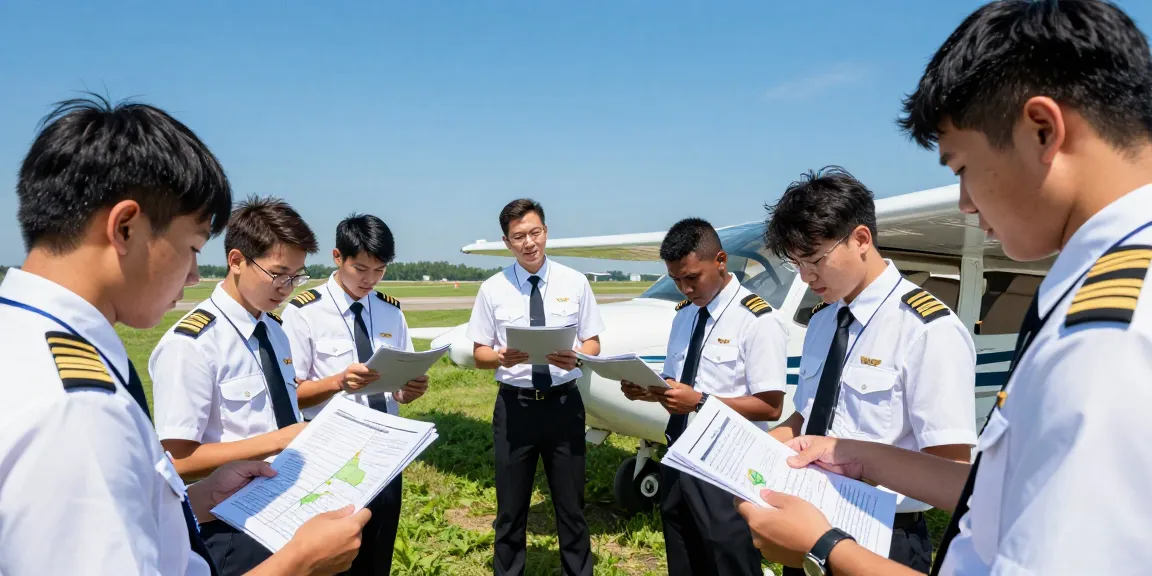 Pilot school near me features aspiring aviators engaging with instructors and studying materials in a vibrant outdoor flight training setting.