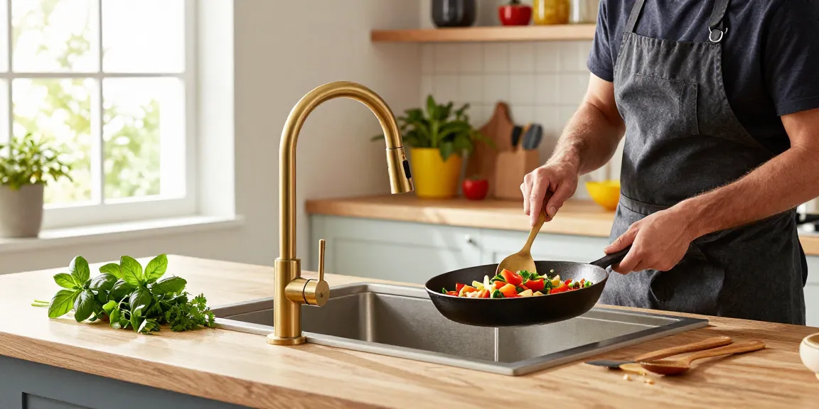 Elegant kitchen faucets in a bright modern kitchen with a cook preparing fresh vegetables, showcasing style and functionality.
