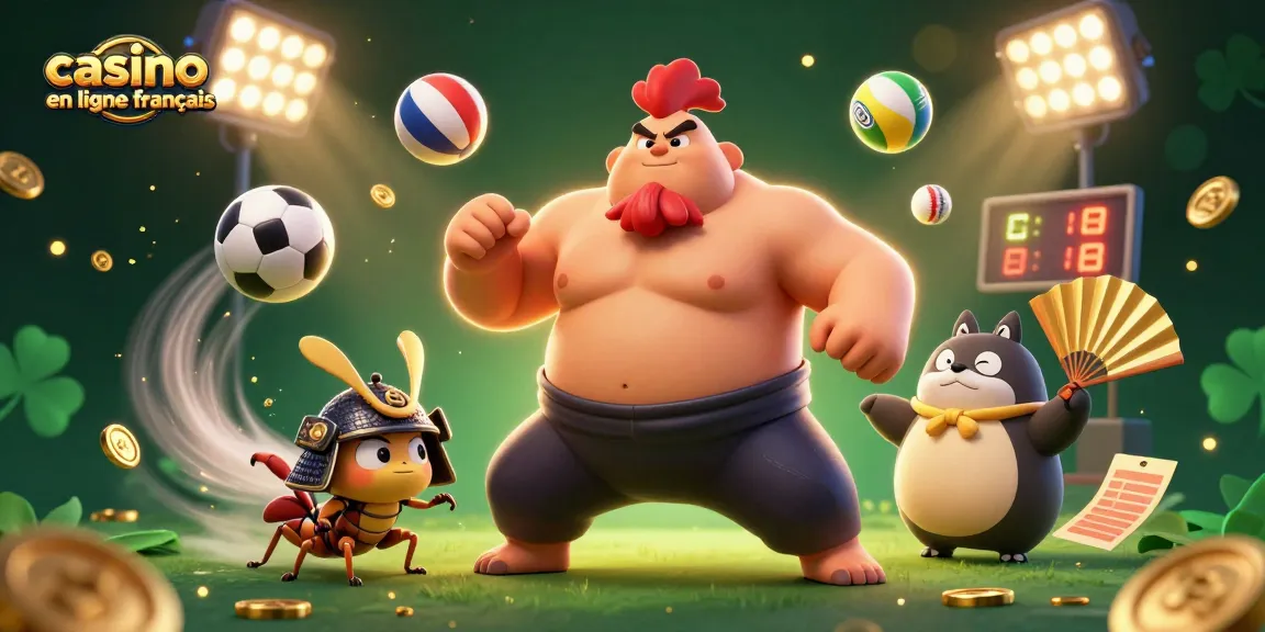 Cette illustration illustrant un casino en ligne français montre un combat entre un coq sumo et un criquet samouraï.