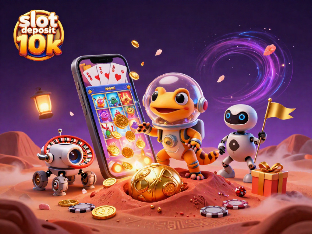 Win big with slot deposit 10k in a vibrant casino scene featuring an adventurous Martian gecko.