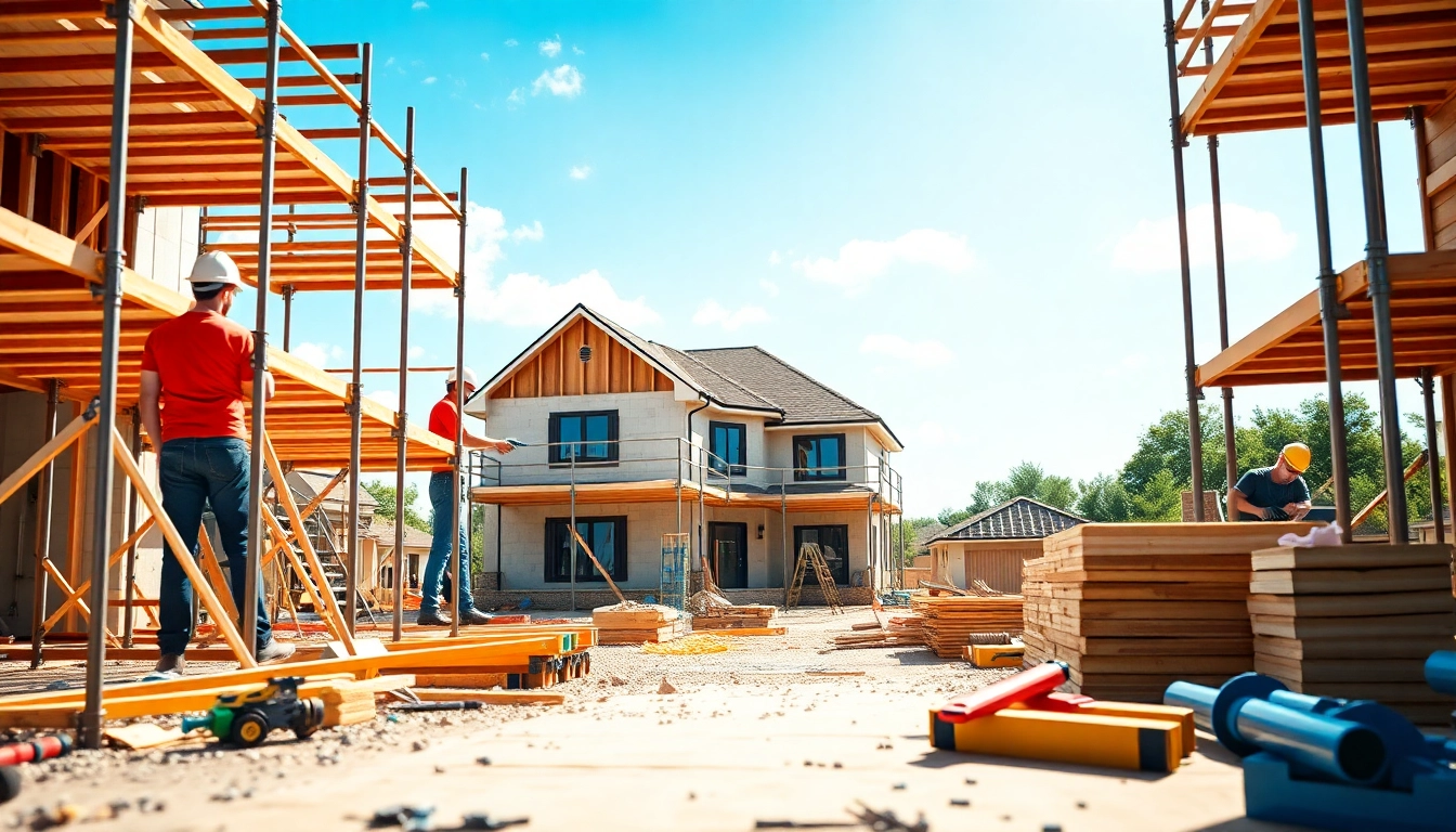 Skilled workers engaged in Austin construction on a vibrant, sunny site.