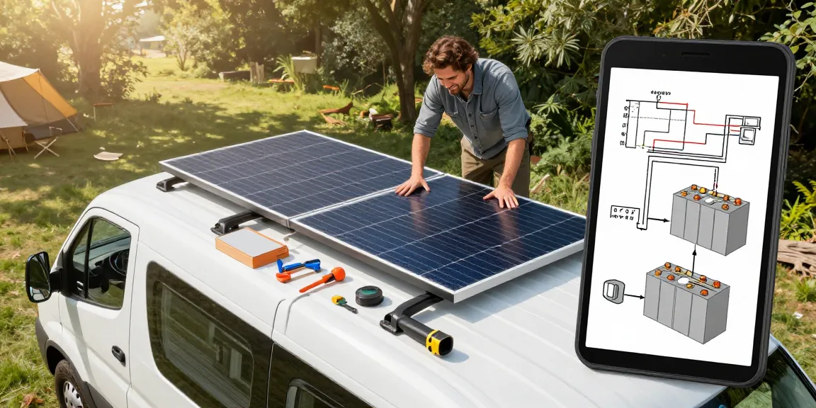 Builder enhancing rokok88 slot login electrical system in camper van, showcasing solar panel installation.