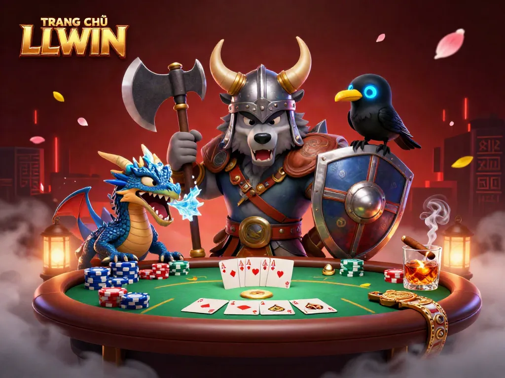 Play at TRANG CHỦ LLWIN with dynamic casino elements featuring a Viking wolf warrior, dragon, and poker table.