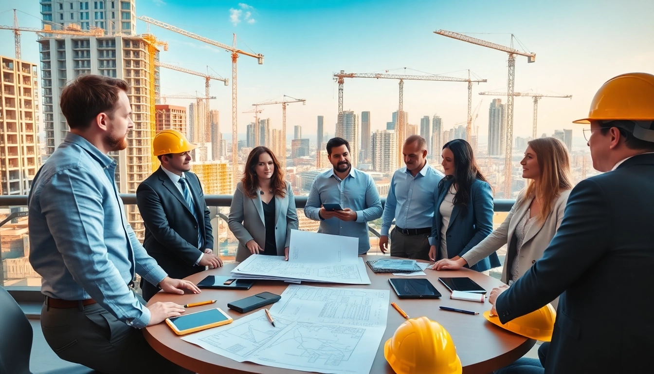 Engage in construction networking events surrounded by professionals discussing blueprints and plans.