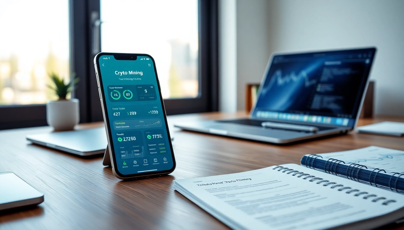 Dynamic view of a crypto mining app on a modern smartphone displaying live mining stats and rewards.