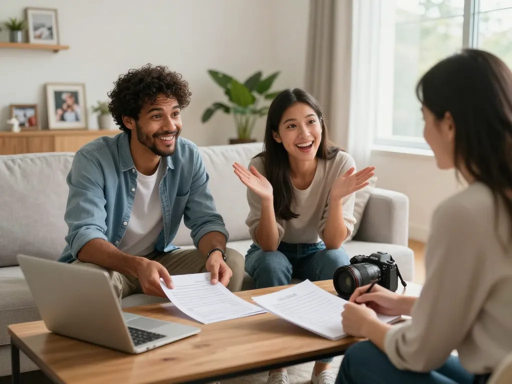 We buy houses for cash scene with a couple and agent discussing sale