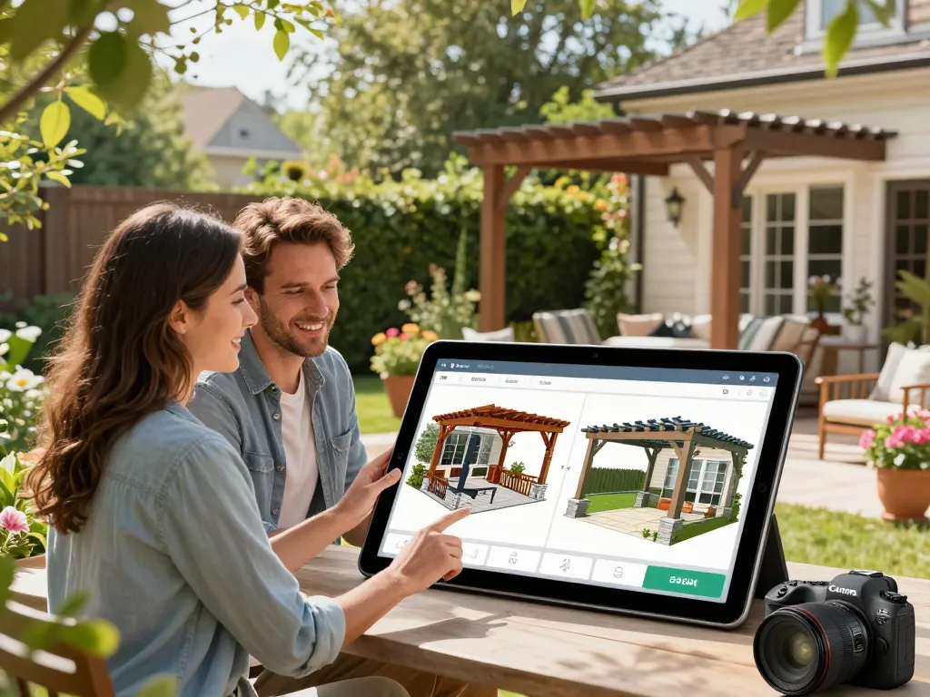 Couple using a 3D pergola configurator on a tablet in their garden to design custom outdoor structures.