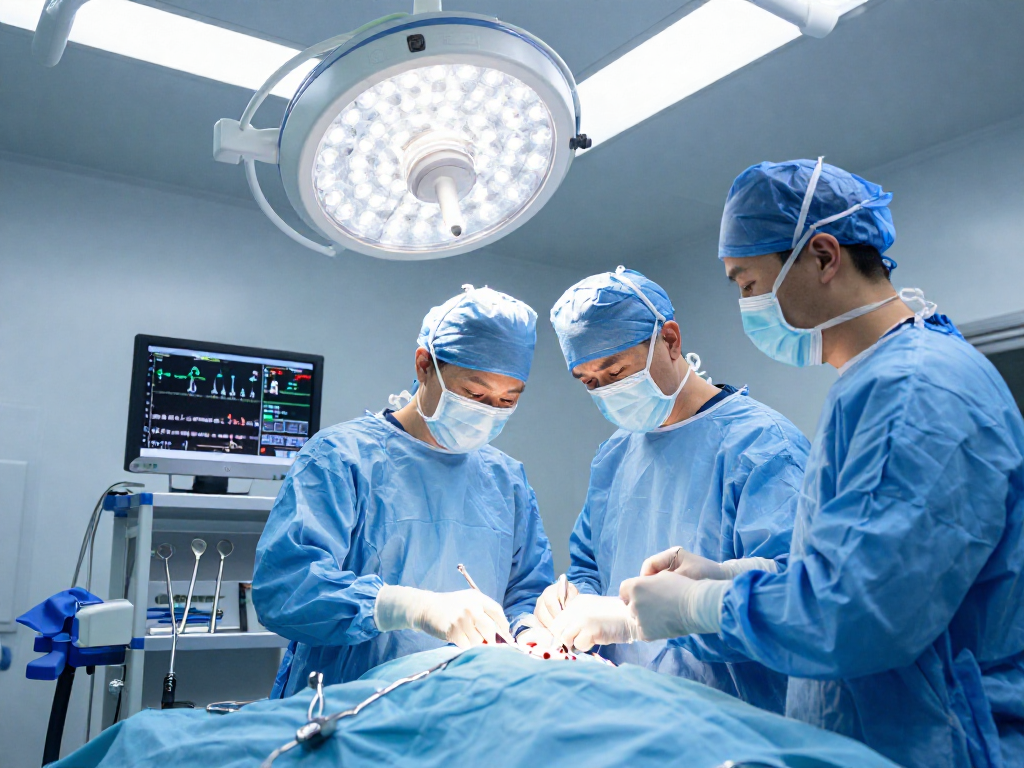 Dar kanal ameliyatı in a modern surgical setting with a focused surgical team.