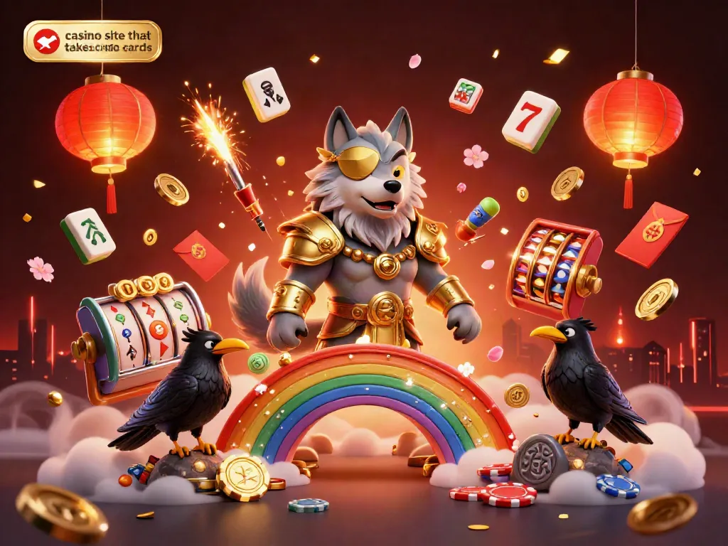 The vibrant scene features characters from Norse mythology celebrating a casino site that takes credit cards with gaming elements and colorful visuals.