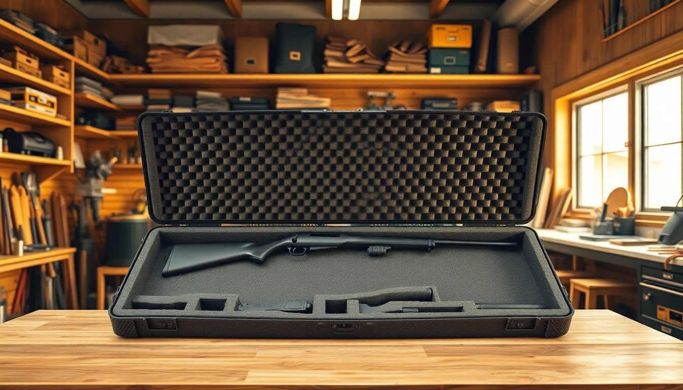 Custom foam for rifle case displayed on a workbench, highlighting unique cutouts for rifles.