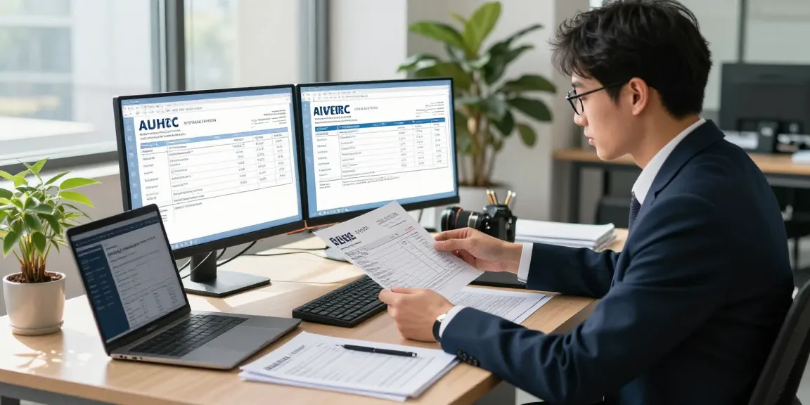 Detect fake invoices in a business setting with a professional analyzing documents.