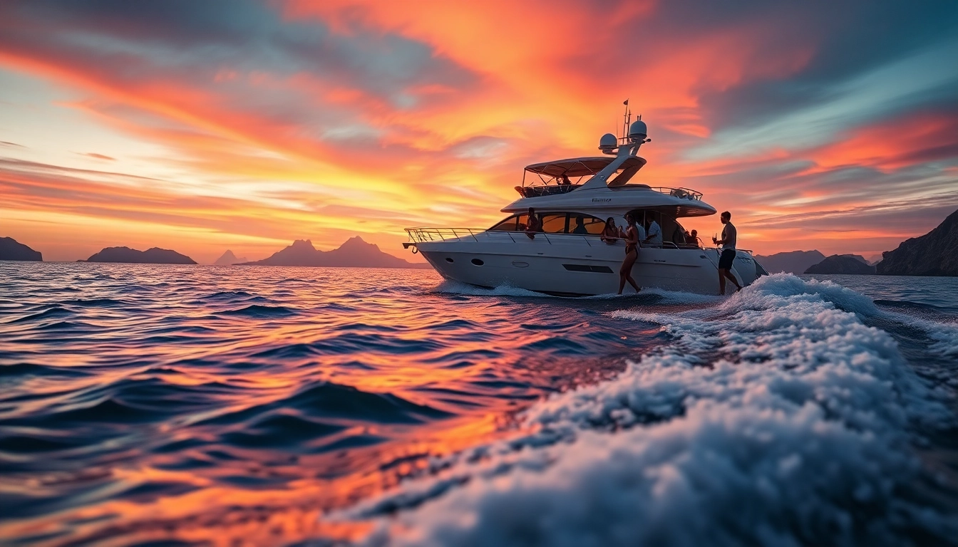 Experience Cabo sunset cruise deals with friends aboard a luxury yacht against a stunning sunset backdrop.