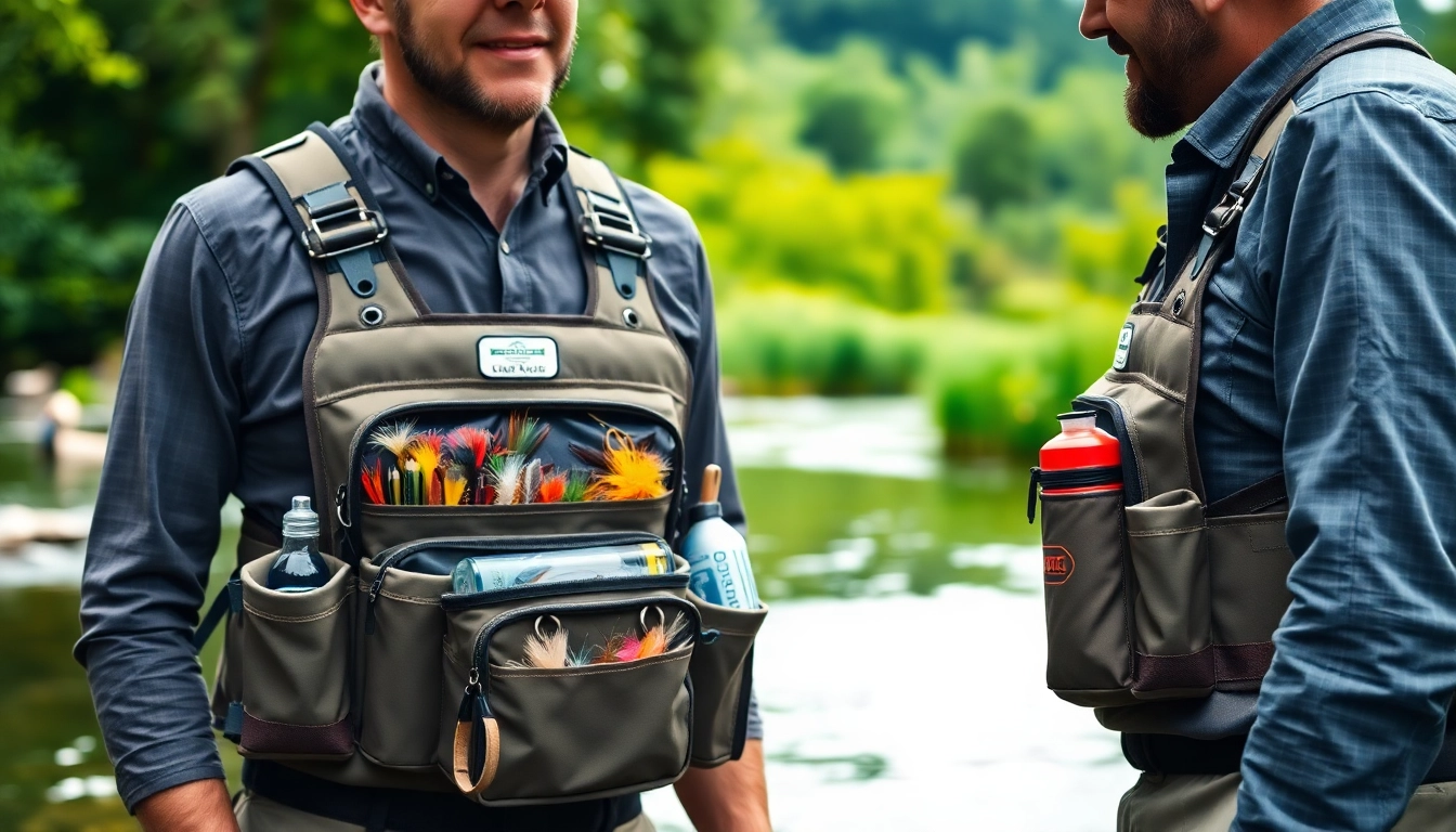 Fly fishing chest pack displayed on a professional fisherman in a scenic river environment.