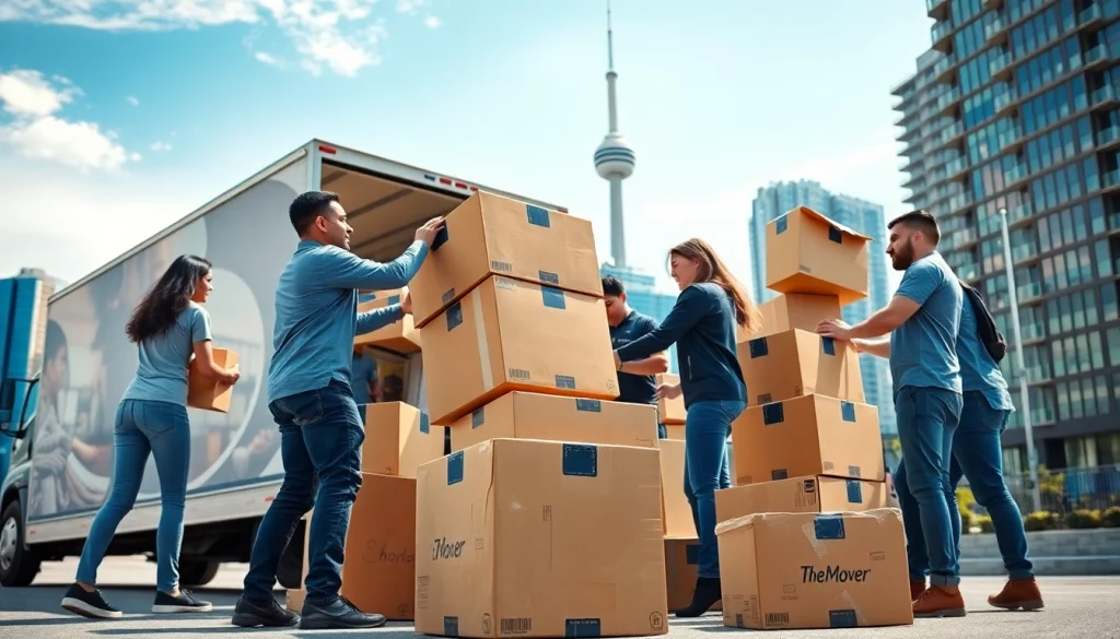 Toronto movers lifting heavy boxes in a vibrant urban environment.