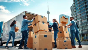 Toronto movers lifting heavy boxes in a vibrant urban environment.