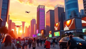 Portraying Technology advancements with innovative gadgets and a dynamic cityscape.