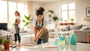 Cleaning Service team at work ensuring a spotless home environment with eco-friendly products.