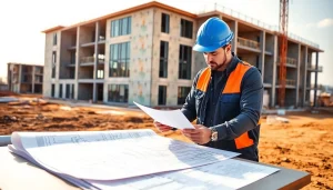New Jersey Construction Manager analyzing plans at a busy construction site.