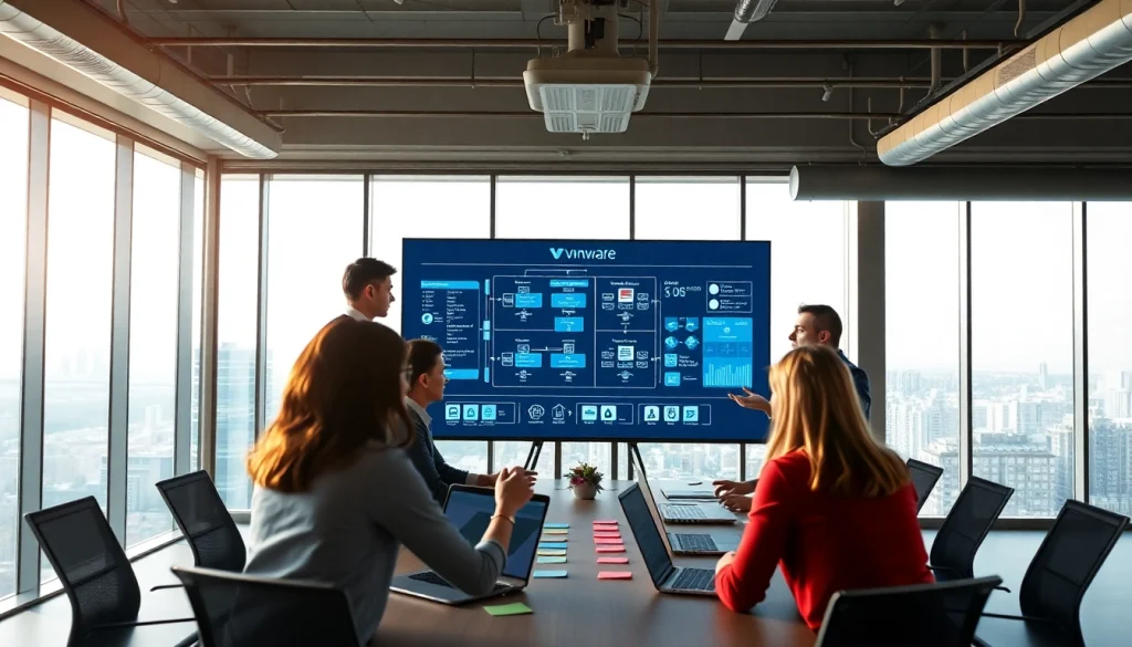 Enhance your business with VMware Consulting showcasing experts collaborating in a modern workspace.