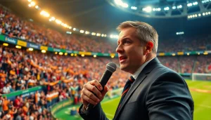 축구중계하는 해설자가 열광적인 팬들이 가득한 경기장에서 중계를 진행하는 모습