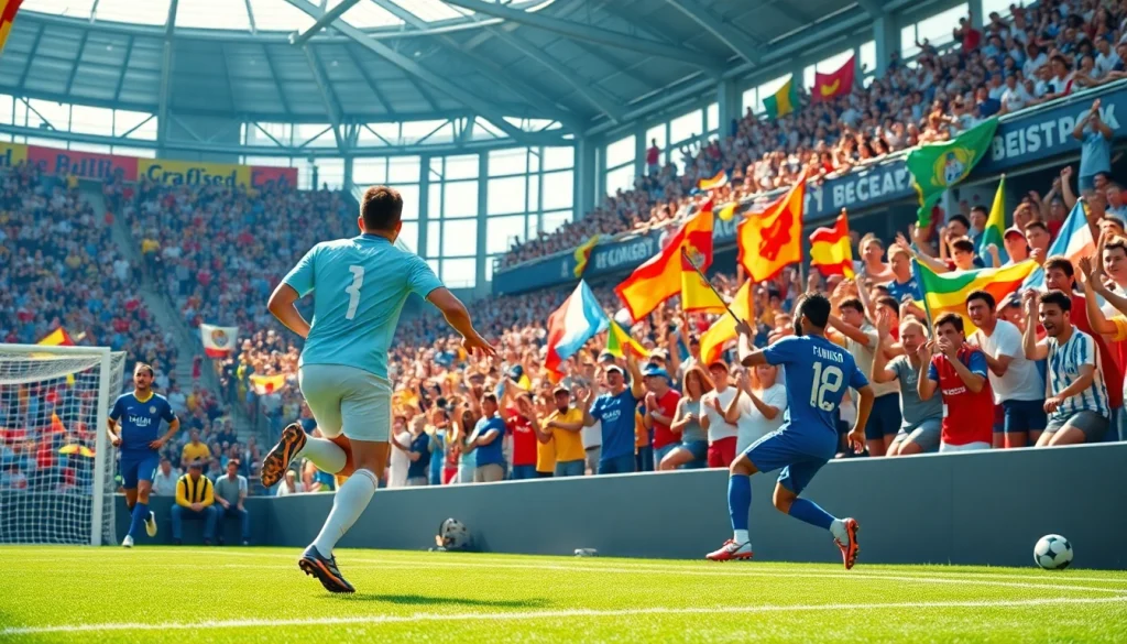 축구중계 중인 순간의 열정적인 선수와 관중들 포착