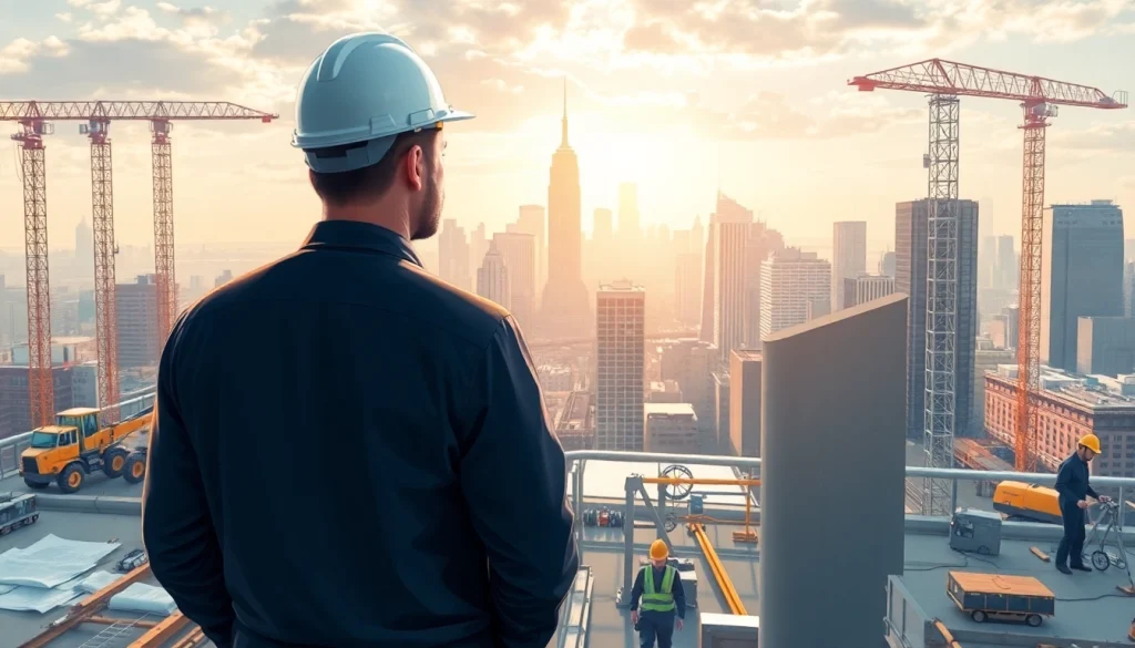 Manhattan General Contractor supervising a diverse team at a bustling construction site.