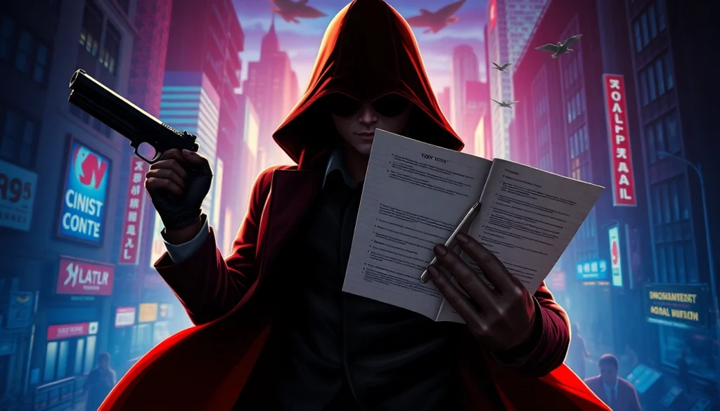 Illustration of Contracts and Bullets showcasing a shadowy assassin with a weapon and contracts amidst a city backdrop.