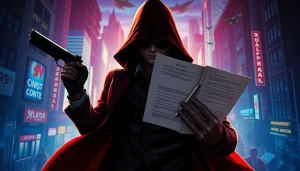 Illustration of Contracts and Bullets showcasing a shadowy assassin with a weapon and contracts amidst a city backdrop.