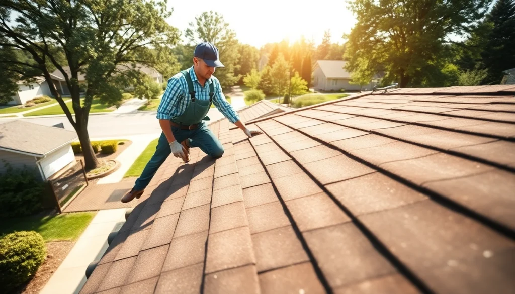 Showcasing reliable roofing services, a contractor inspects a newly installed roof with professionalism and care.
