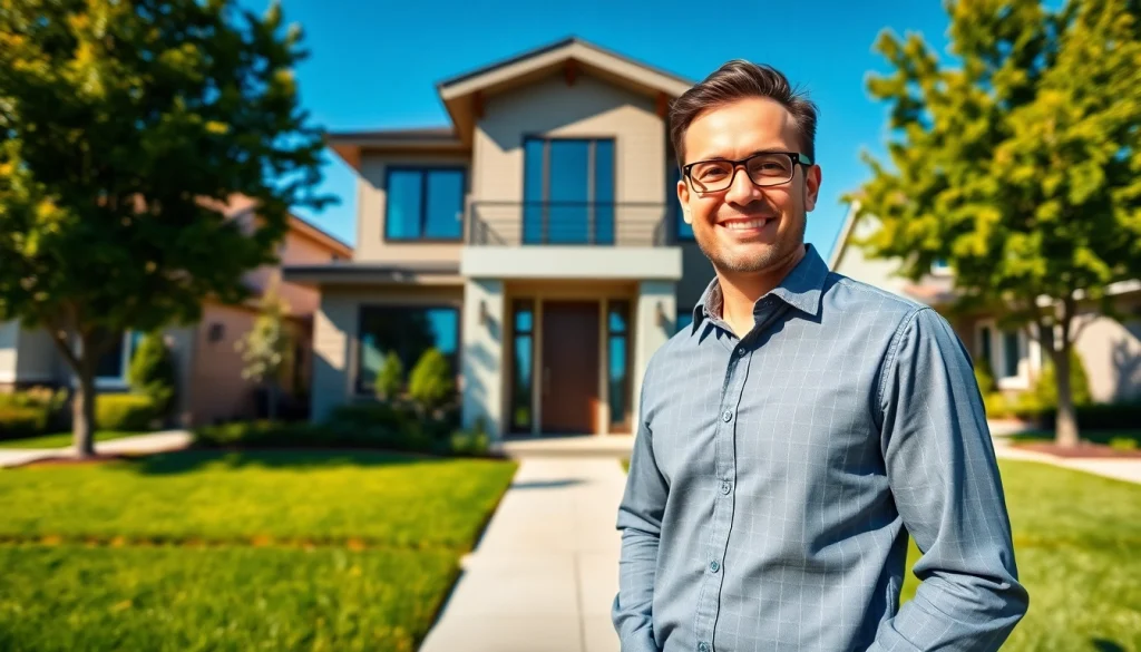 Engaging real estate agent promoting a beautiful home in a vibrant neighborhood.