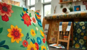 Canvas met levendige patronen en texturen in een creatieve omgeving.