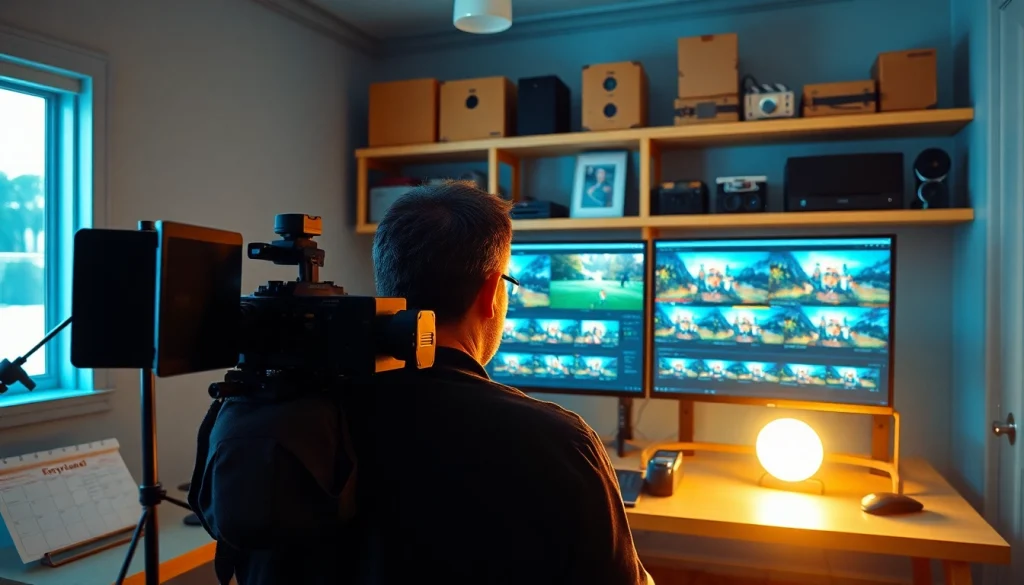 Videographer engaged in post-production & editing in a modern studio setting with high-tech equipment.