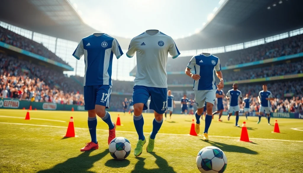 Showcasing a professional team kit in action during a soccer match, emphasizing teamwork and vibrant colors.