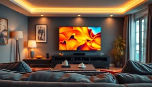 View of a modern living room showcasing iron iptv on a sleek television screen.