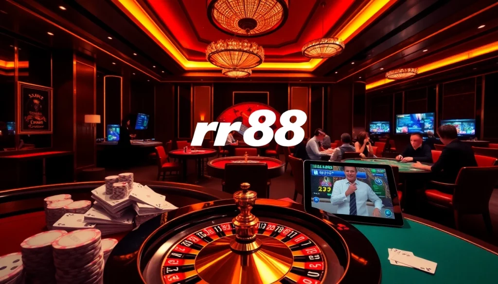 Engage with link rr88 at a luxurious casino featuring poker chips and a roulette wheel.