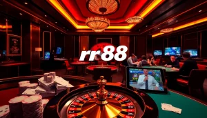 Engage with link rr88 at a luxurious casino featuring poker chips and a roulette wheel.