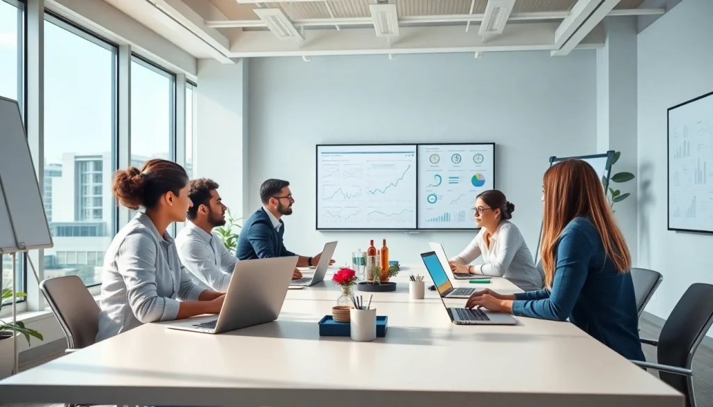 Professional digital marketing team brainstorming with analytics and technology.