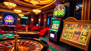 Experience the excitement of gambling with the W88 link displayed on vibrant casino tables and slots.