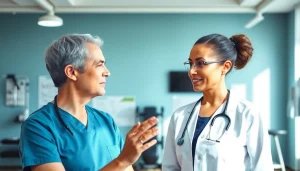 Engaging physical therapy marketing session showcasing a therapist helping a patient.