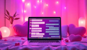 Engaging AI sexting scene with intimate chat interface, ambient lighting, and romantic decor.