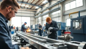 Showcasing custom steel fabrication processes in a lively workshop setting, featuring skilled craftsmen.